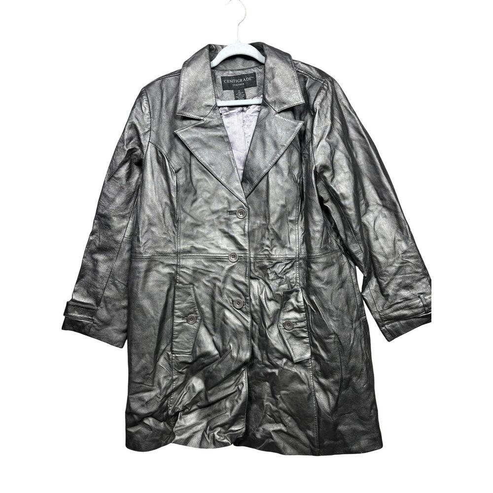 Centigrade Leather Coat Womens 1X Gray Trench Single Breasted Lined Pockets